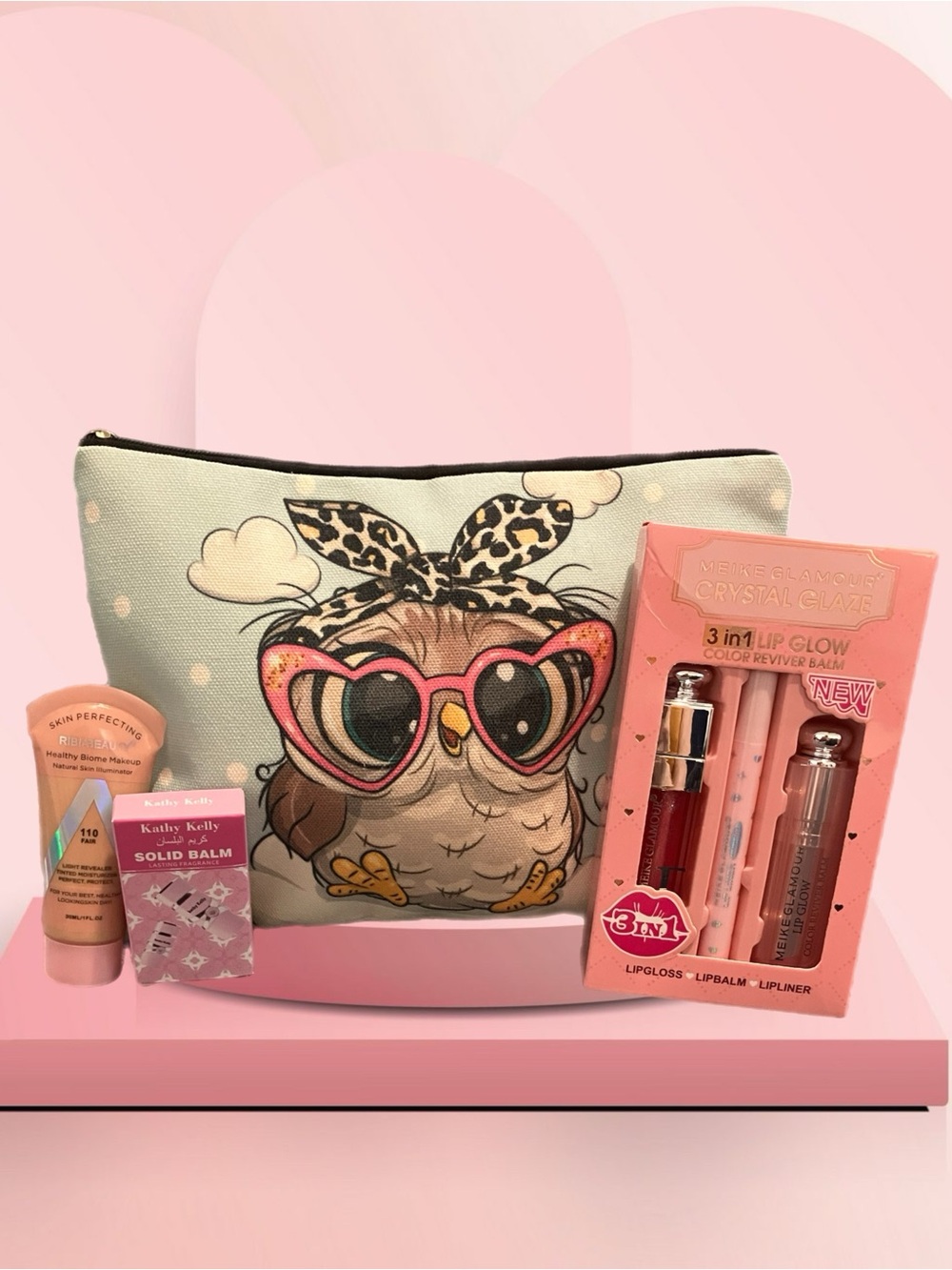 Cute Owl Cosmetic Bag in Mint with Pink Accents and Lip Glow Bundle